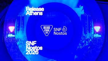 Blue graphic with Release Athens and SNF Nostos 2026 logos, showing a concert crowd and stage in the background.